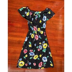 Vintage 70’s Black Floral Off Shoulder Ruffle Mini Dress XS Small Whimsy Cottage